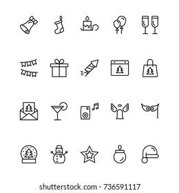 Christmas icon set. Collection of high quality outline holiday pictograms in modern flat style. Black decoration symbol for web design and mobile app on white background. Ornament line logo.