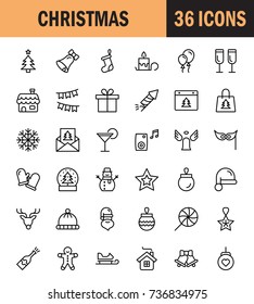 Christmas icon set. Collection of high quality outline holiday pictograms in modern flat style. Black decoration symbol for web design and mobile app on white background. Ornament line logo.