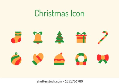 Christmas icon set collection package socks bell xmas snowman ribbon glove glass ball white isolated background with color flat style