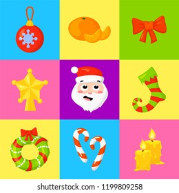 Christmas Icon Set Collection Vector. cartoon. New year traditional symbols. icons objects. Isolated. Vector clip art
