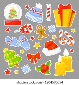 Christmas Icon Set Collection. Vector cartoon stickers. New year traditional symbols. icons objects. Isolated. Vector clip art