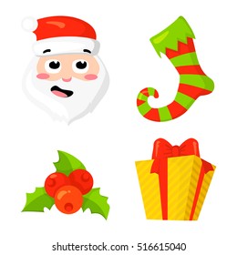 Christmas Icon Set Collection Vector. cartoon. New year traditional symbols collection. Christmas and New Year icons and objects. Santa, gift, sock and berry. vector clip art