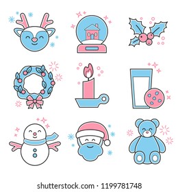 Christmas icon set. Color red and blue. Deer, snow globe, christmas wreath, candle, milk, snowman, Santa Claus, bear.   A collection of high-quality holiday pictograms in a modern flat style.