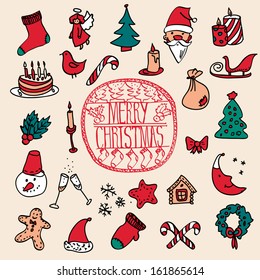 Christmas icon set in color. Vector doodle illustration isolated. Design element hand drawn/