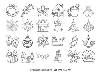 Christmas Icon Set for Coloring Book Pages Festive Holiday Elements