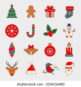 Christmas icon set. Colourful icons with thin outline.