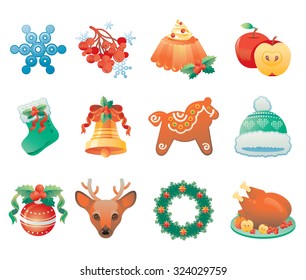 Christmas icon set containing 12 icons with winter holidays symbols.