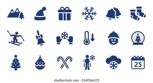 Juego de iconos de Navidad. Conteniendo caja de regalo, campana, decoración, diseño de iconos de los pinares y del esquí. Ilustración vectorial de símbolo X-mas.
