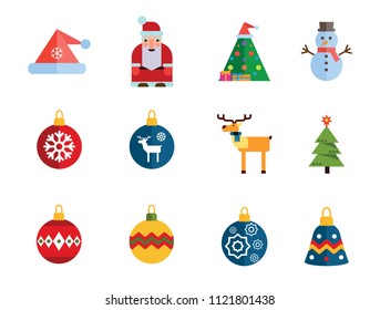 Christmas Icon Set. Decorated Tree Santa Claus Snowman Santa Hat Reindeer Christmas Ball Fir Tree Bauble With Reindeer Ball With Stars Bauble With Snowflake Bell Christmas Wreath Bauble With Ornament