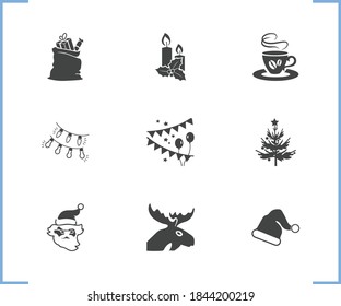 Christmas icon set and deer with santa hat, celebration and christmas tree. Claus cap related christmas icon vector for web UI logo design.