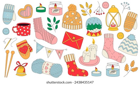 Christmas Icon Set in Doodle Style. Garlands, candles, cozy gloves, knitting needles, warm knitted socks. Vector illustration for graphic and web design, social media banner, and marketing material.