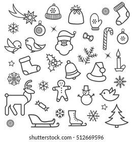 Christmas icon set. Doodle winter holiday decorative design elements. Merry Christmas and Happy New Year decor