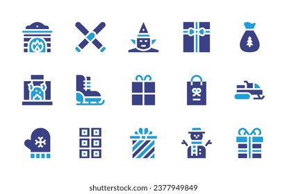Christmas icon set. Duotone color. Vector illustration. Containing fireplace, gift, gift bag, mitten, snowman, ski, bag, ice skate, snowmobile, chocolate bar, elf, gift box.