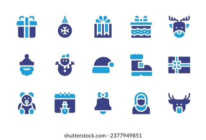 Christmas icon set. Duotone color. Vector illustration. Containing gift, santa hat, bell, ball, santa claus, santa claus boot, teddy bear, virgin mary, reindeer, snowman, deer.