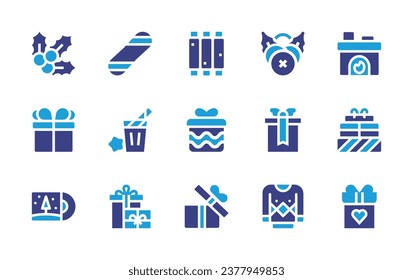 Christmas icon set. Duotone color. Vector illustration. Containing holly, mistletoe, gift, present, christmas music, christmas present, ribs, gift box, snowboard, fireplace, chai tea, gifts.