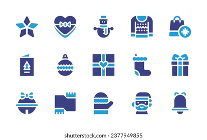 Christmas icon set. Duotone color. Vector illustration. Containing star, sweater, christmas card, christmas sock, jingle bell, santa claus, snowman, gift, mittens, shopping bag, bauble, gift box.