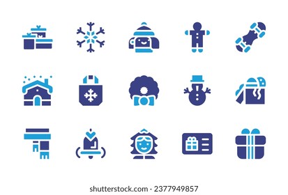 Christmas icon set. Duotone color. Vector illustration. Containing woman, christmas wreath, boy, gift, shopping bag, gingerbread man, bell, house, snowman, snowflake, snowboard, scarf, gift card.