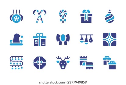 Christmas icon set. Duotone color. Vector illustration. Containing candy cane, christmas ball, christmas balls, christmas present, gift, gift box, elf hat, lights, gifts, illumination, scarf.
