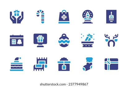 Christmas icon set. Duotone color. Vector illustration. Containing gift box, snow ball, calendar, chimney, christmas present, christmas sock, shopping bag, christmas ball, gift, headband, candy cane.