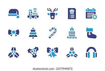 Christmas icon set. Duotone color. Vector illustration. Containing santa hat, wishlist, bow tie, boxing day, mistletoe, calendar, christmas sock, earmuffs, christmas tree, car, deer, candy cane, bow.