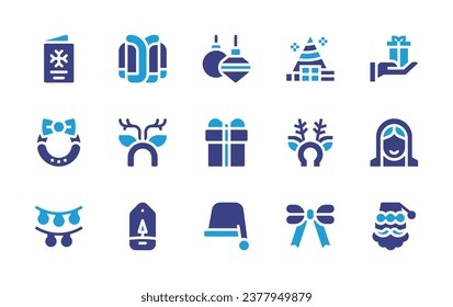 Christmas icon set. Duotone color. Vector illustration. Containing christmas card, tree, wreath, headband, lights, ribbon, gift box, virgin mary, balls, gift, santa hat.