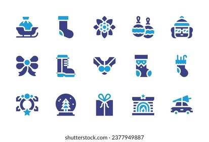Christmas icon set. Duotone color. Vector illustration. Containing sock, woman, sleigh, bauble, boot, christmas sock, bow, christmas, snow globe, car, christmas wreath, fireplace, poinsettia.