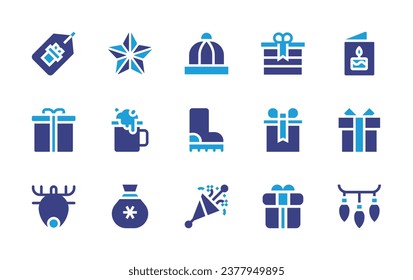 Christmas icon set. Duotone color. Vector illustration. Containing christmas star, greeting card, cocoa, gift, santa claus, christmas lights, baby hat, boots, party popper, gift box, deer.