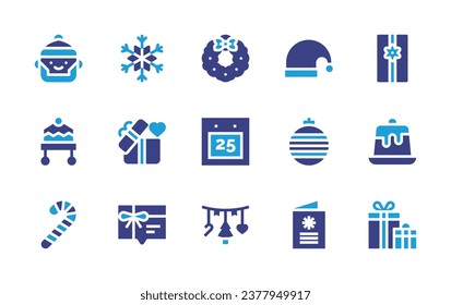 Christmas icon set. Duotone color. Vector illustration. Containing man, santa hat, wreath, winter hat, bauble, christmas day, candy cane, christmas card, garland, snowflakes, gift, pudding, gift card.