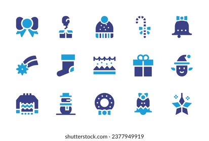 Christmas icon set. Duotone color. Vector illustration. Containing boxing day, christmas bell, christmas sock, elf, snowman, star, winter hat, market, christmas wreath, bowtie, candy, shooting star.