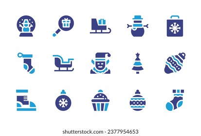 Christmas icon set. Duotone color. Vector illustration. Containing search, shopping bag, snow ball, snowman, sleigh, bauble, christmas sock, christmas tree, christmas ball, boot, elf, cupcake.