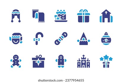 Christmas icon set. Duotone color. Vector illustration. Containing scarf, christmas day, candy cane, christmas ball, gift, gift box, cake, snowboard, gingerbread man, earflaps, elf, party hat, church.