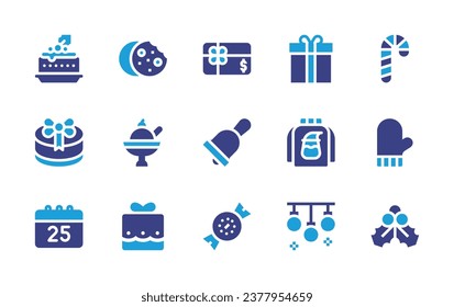 Christmas icon set. Duotone color. Vector illustration. Containing christmas dessert, gift, gift box, sweater, christmas day, decoration, cookie, candy cane, ice cream, mitten, mistletoe, bell.