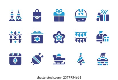 Christmas icon set. Duotone color. Vector illustration. Containing gift bag, giftbox, party, present, gift, mailbox, lights, knitting, santa, christmas day, tree, star.