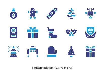 Christmas icon set. Duotone color. Vector illustration. Containing bauble, christmas tree, door, mistletoe, socks, winter gloves, gingerbread man, deer, gift, letter, snowboard, winter hat, birthday.