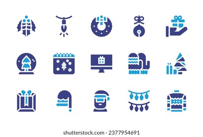 Christmas icon set. Duotone color. Vector illustration. Containing decoration, gift, christmas day, santa hat, sweater, christmas wreath, mistletoe, sleigh bell, computer, snow globe, winter gloves.