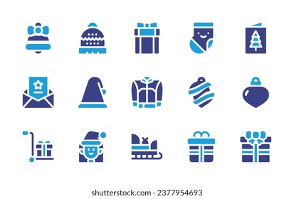 Christmas icon set. Duotone color. Vector illustration. Containing beanie, card, hat, ornament, elf, gift, bell, sock, design, delivery, jacket, present, sleigh