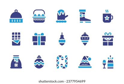 Christmas icon set. Duotone color. Vector illustration. Containing christmas present, cocoa, gift, gift box, bauble, champagne, glove, winter hat, boot, chocolate bar, christmas ornament, candy cane.