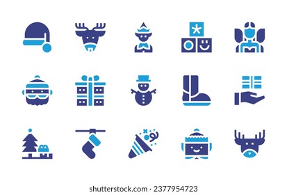 Christmas icon set. Duotone color. Vector illustration. Containing elf, snowman, birthday, santa claus, toys, boot, christmas tree, deer, fairy, gift box, hand gesture, sock.
