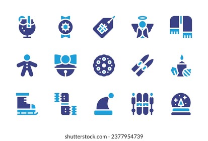 Christmas icon set. Duotone color. Vector illustration. Containing price tag, wreath, christmas hat, polvoron, scarf, bell, candle, mulled wine, angel, snow globe, gingerbread man, skis, skates, ski.