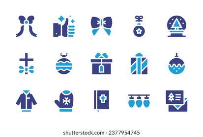 Christmas icon set. Duotone color. Vector illustration. Containing rating, snow globe, bauble, gloves, greeting card, bow, christmas present, cross, gift, holy bible, jacket, lights.