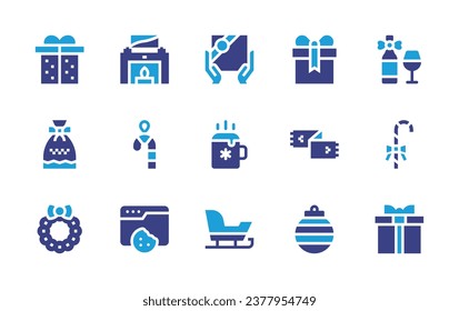 Christmas icon set. Duotone color. Vector illustration. Containing chimney, christmas present, candy cane, cookies, gift, present, cocoa, sack, scarf, sled, wreath, bauble.