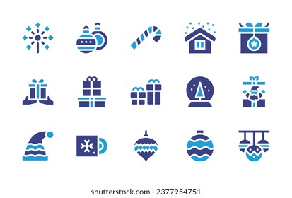 Christmas icon set. Duotone color. Vector illustration. Containing fireworks, house, present, snow ball, santa hat, ball, christmas balls, christmas present, presents, santa claus, vinyl, bauble.