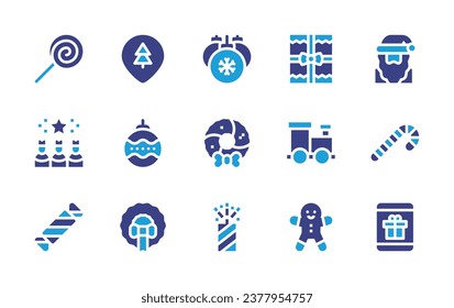 Christmas icon set. Duotone color. Vector illustration. Containing lollipop, present, three wise men, toy train, cracker, gingerbread man, placeholder, santa claus, bauble, candy cane, christmas.