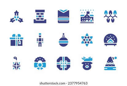 Christmas icon set. Duotone color. Vector illustration. Containing chimney, christmas lights, nutcracker, snowball, wreath, christmas hat, sweater, christmas ball, gift, mistletoe, school, poinsettia.