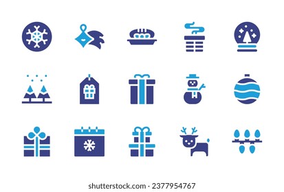 Christmas icon set. Duotone color. Vector illustration. Containing shooting star, snow globe, tag, bauble, calendar, christmas lights, bread, present, snowflake, chimney, snowing, snowman, gift.