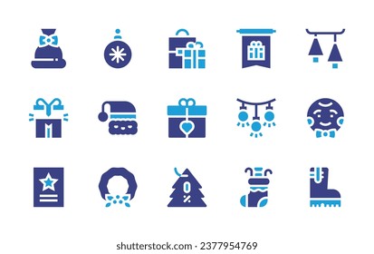 Christmas icon set. Duotone color. Vector illustration. Containing bag, banner, gift box, light bulb, greeting card, sock, christmas ball, christmas decoration, christmas hat, gingerbread man, wreath.
