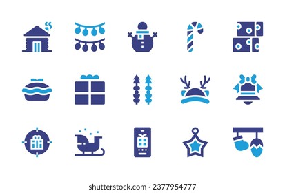 Christmas icon set. Duotone color. Vector illustration. Containing snowman, canapes, christmas present, cabin, candy cane, pumpkin pie, reindeer, present, star, decoration, nougat, gift, packard bell.