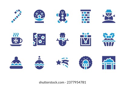 Christmas icon set. Duotone color. Vector illustration. Containing candy cane, chimney, hot drink, necklace, winter hat, wreath, snowball, snowman, wrapping paper, cake, christmas ball, coffer, ginger