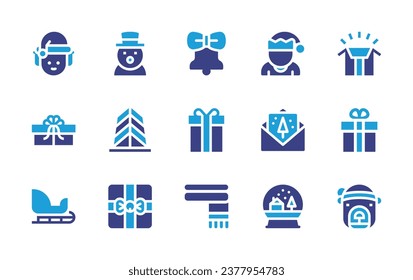 Christmas icon set. Duotone color. Vector illustration. Containing christmas bell, gift, scarf, elf, greeting card, sleigh, snow globe, snowman, pine, present, polar bear.