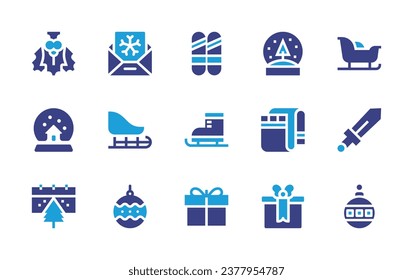 Christmas icon set. Duotone color. Vector illustration. Containing mistletoe, snow globe, snowball, blanket, christmas, christmas present, letter, sledge, sled, sword, bauble, christmas ball, ski.